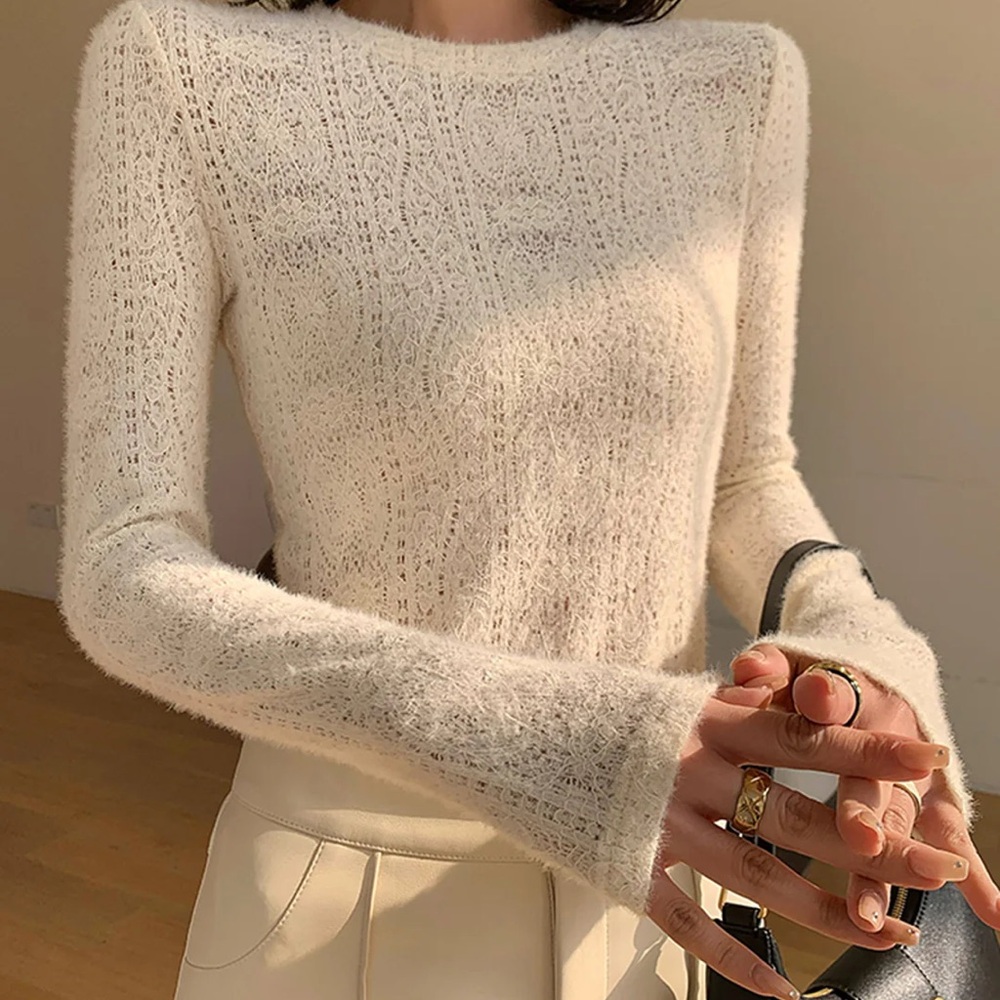 Commense Ivory Medium Floral Hollow Knit Crew Neck Long Sleeve Top NWT $26